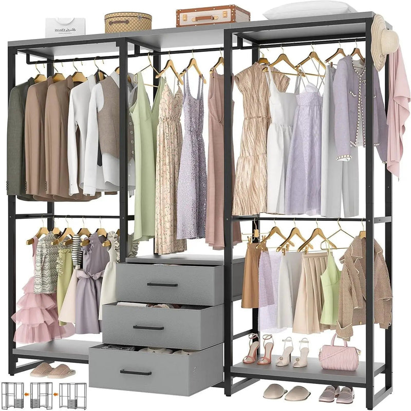 Heavy Duty Black Grey Freestanding Garment Rack Closet Wardrobe with 3 Drawers by HomePacific