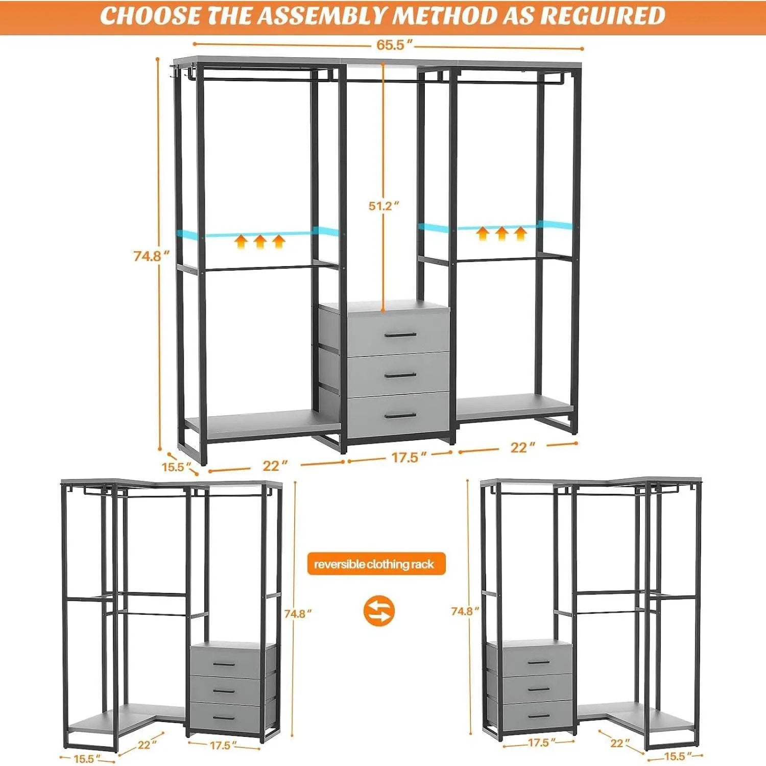 Heavy Duty Black Grey Freestanding Garment Rack Closet Wardrobe with 3 Drawers by HomePacific