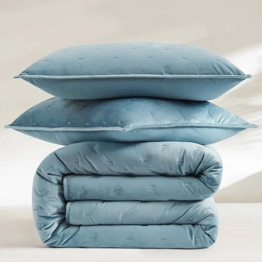 King/CAL King Size 3-Piece Blue Velvet Embroidered Super Soft Quilt Set by HomePacific