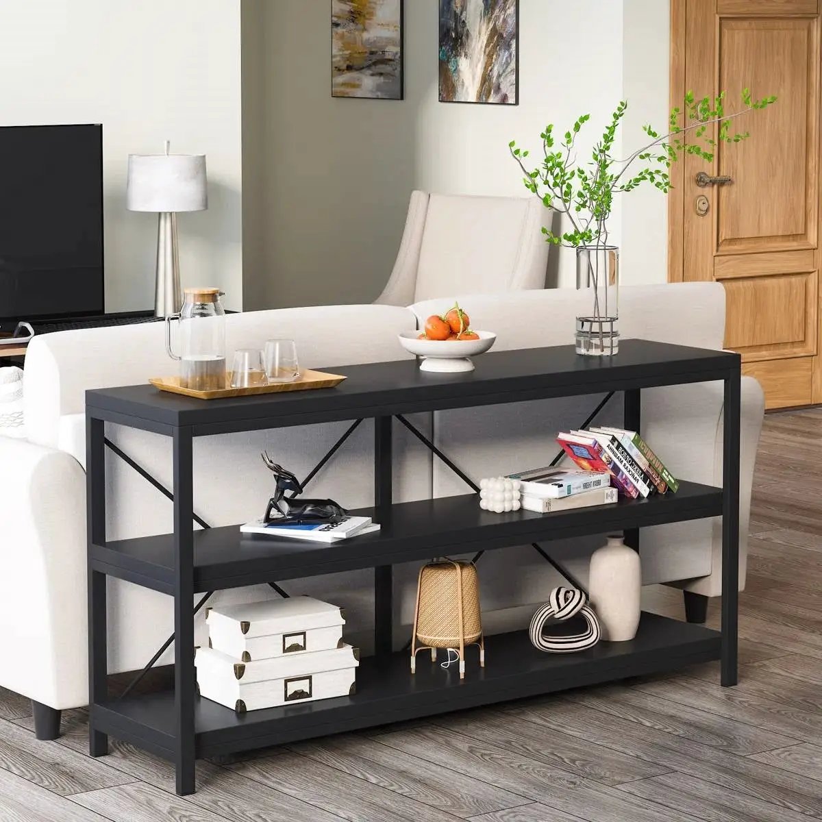 Industrial 55-inch Black Wood Shelf Sofa Table with Heavy Duty Metal Frame by HomePacific