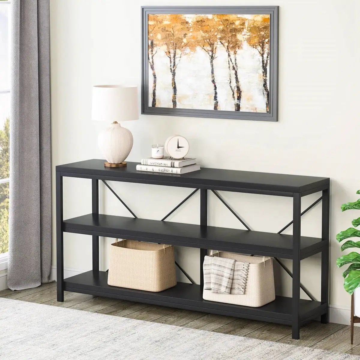 Industrial 55-inch Black Wood Shelf Sofa Table with Heavy Duty Metal Frame by HomePacific