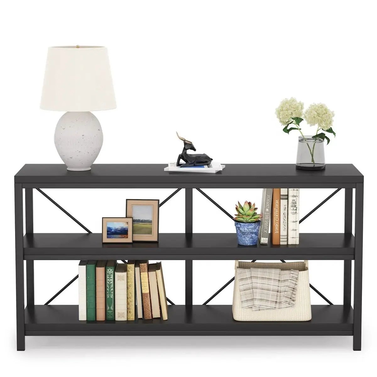 Industrial 55-inch Black Wood Shelf Sofa Table with Heavy Duty Metal Frame by HomePacific