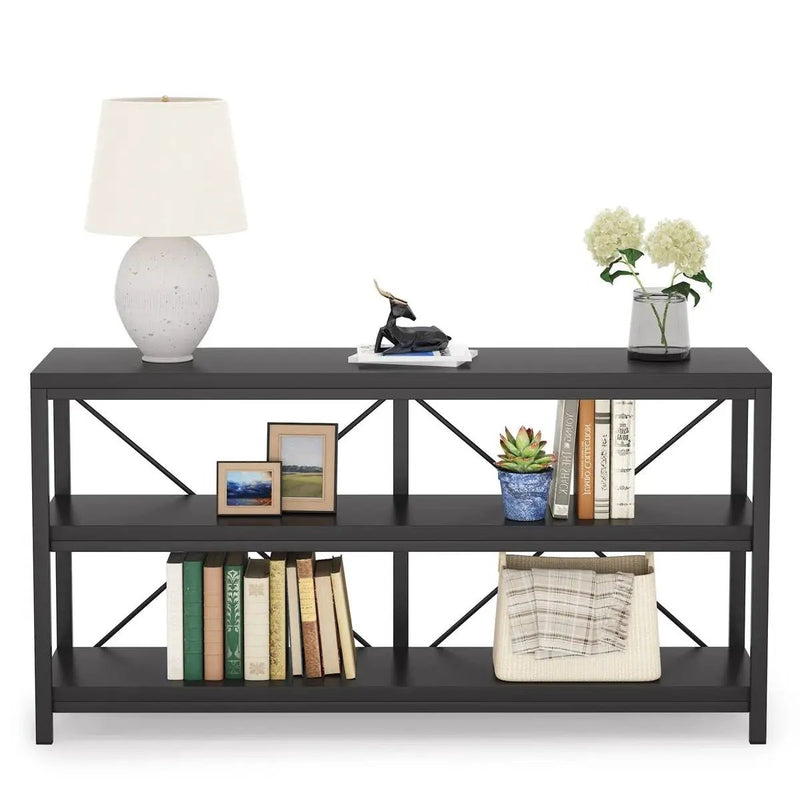Industrial 55-inch Black Wood Shelf Sofa Table with Heavy Duty Metal Frame by HomePacific