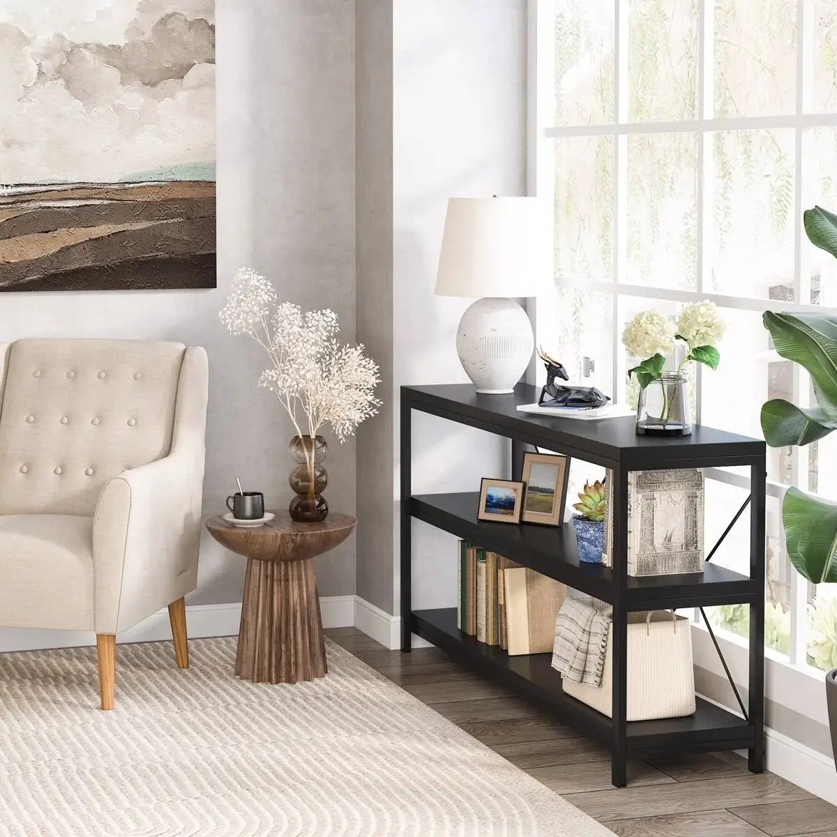 Industrial 55-inch Black Wood Shelf Sofa Table with Heavy Duty Metal Frame by HomePacific