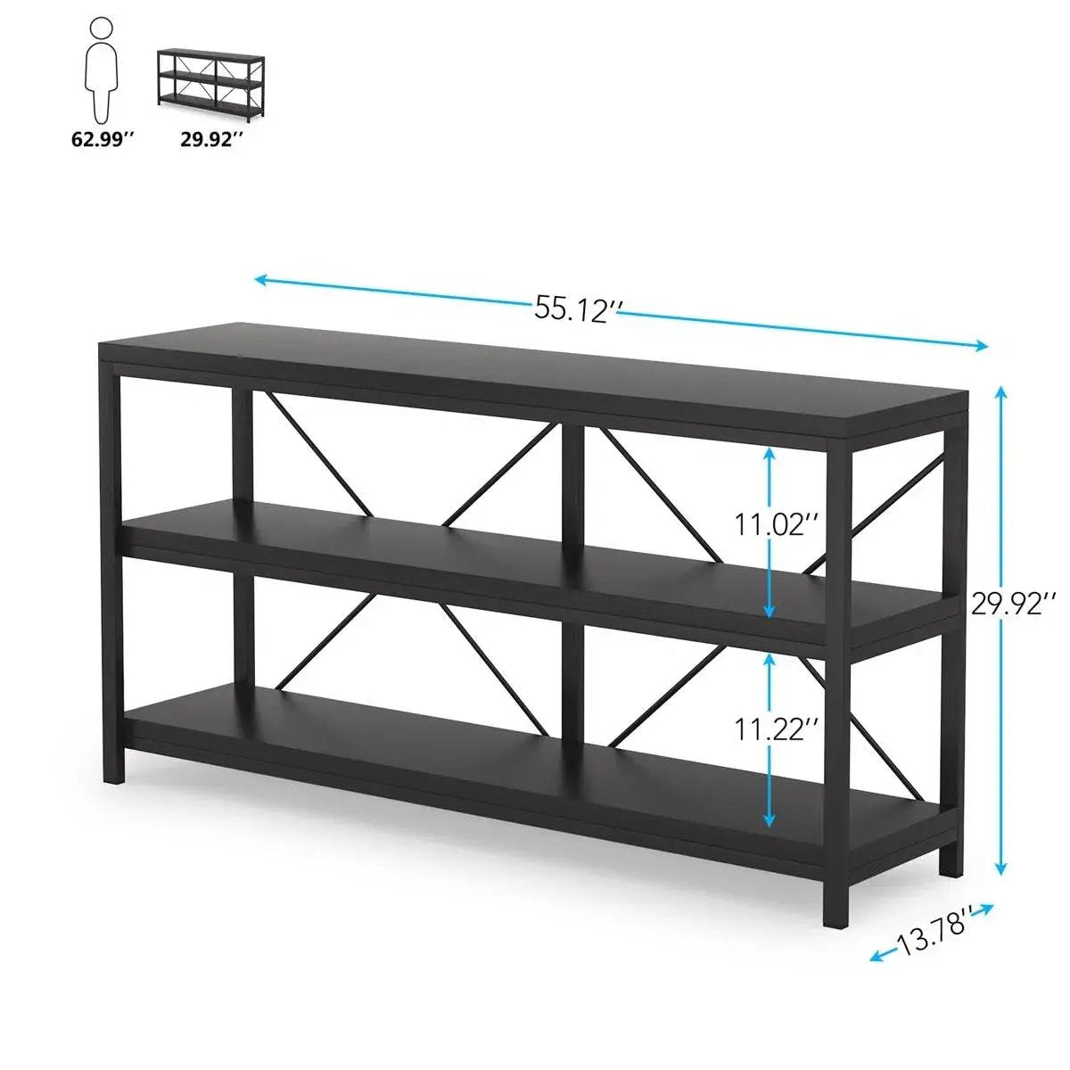 Industrial 55-inch Black Wood Shelf Sofa Table with Heavy Duty Metal Frame by HomePacific