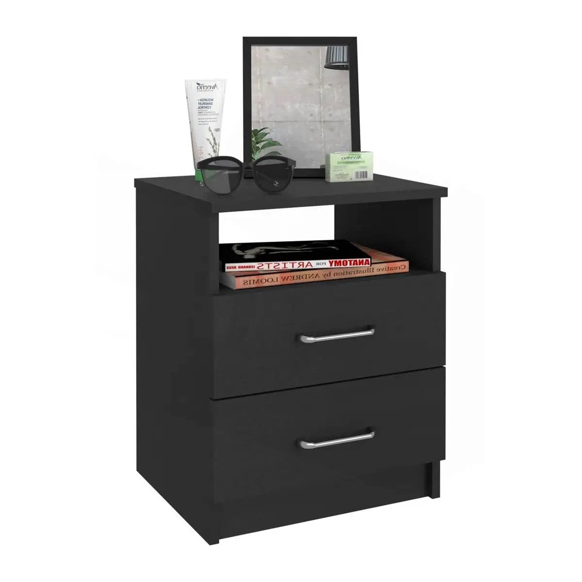 Modern 2-Drawer Nightstand End Table with Open Shelf in Black Wood Finish by HomePacific