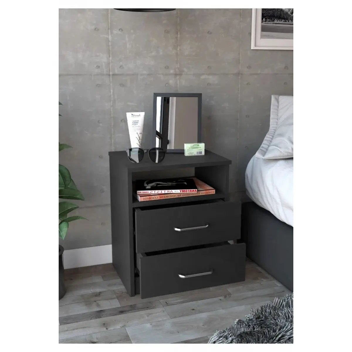 Modern 2-Drawer Nightstand End Table with Open Shelf in Black Wood Finish by HomePacific