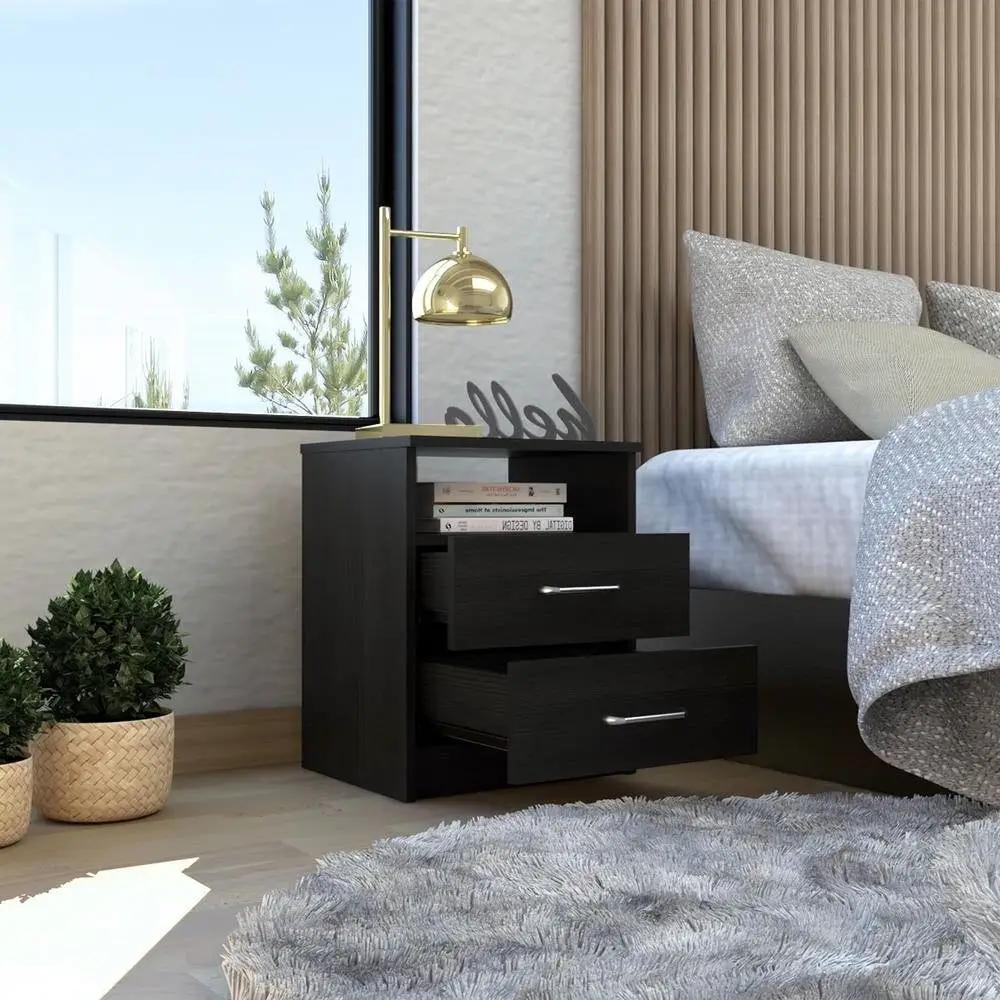 Modern 2-Drawer Nightstand End Table with Open Shelf in Black Wood Finish by HomePacific