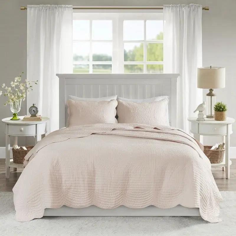 King Size 3 Piece Reversible Scalloped Edges Microfiber Quilt Set in Blush by HomePacific