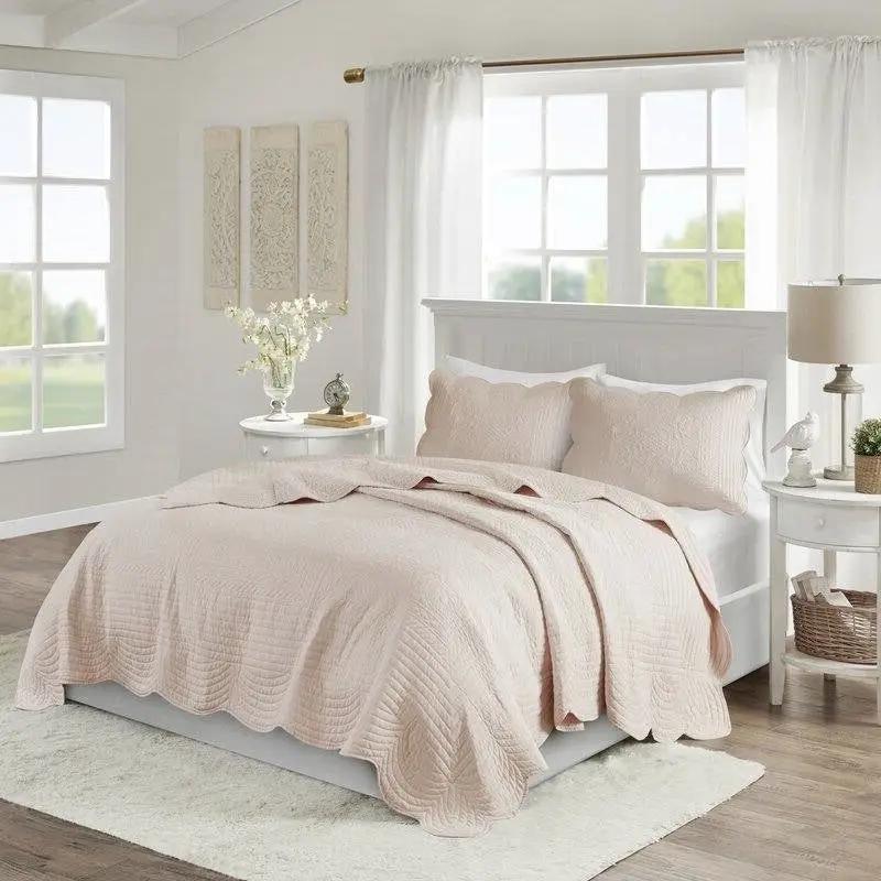 King Size 3 Piece Reversible Scalloped Edges Microfiber Quilt Set in Blush by HomePacific