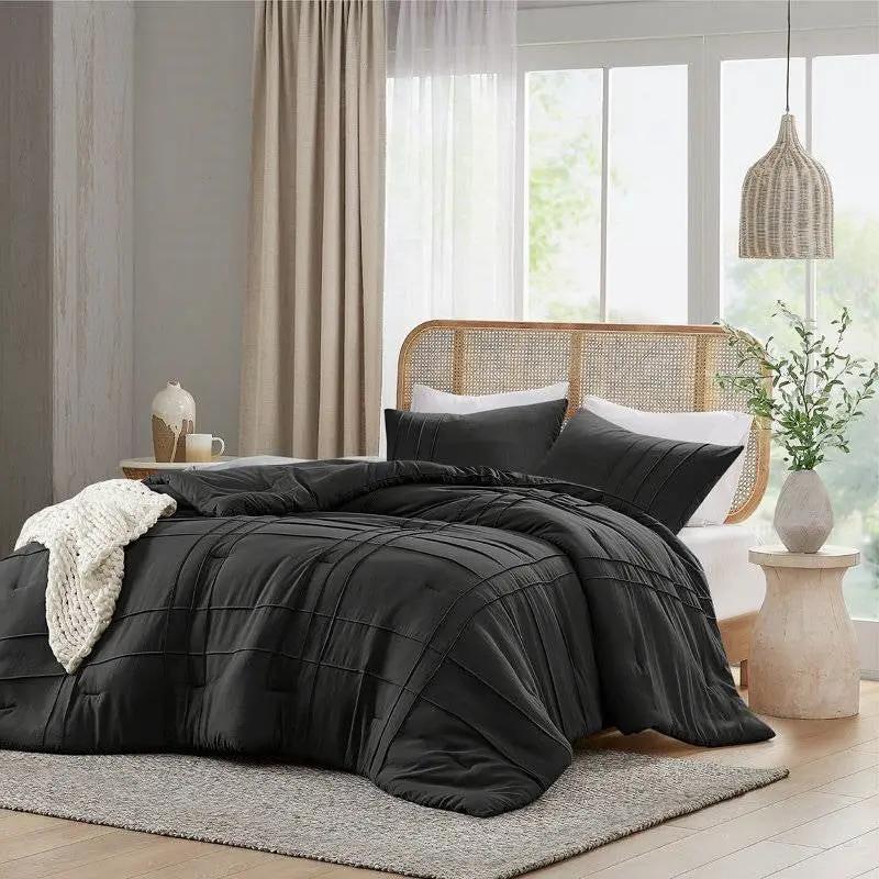 King size Pre-Washed Pleated Microfiber Comforter Set in Black by HomePacific