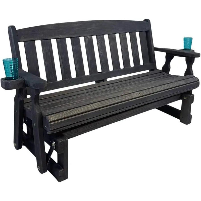 4ft Heavy Duty Black Wooden Porch Glider Bench with Cupholders - Made in USA by HomePacific