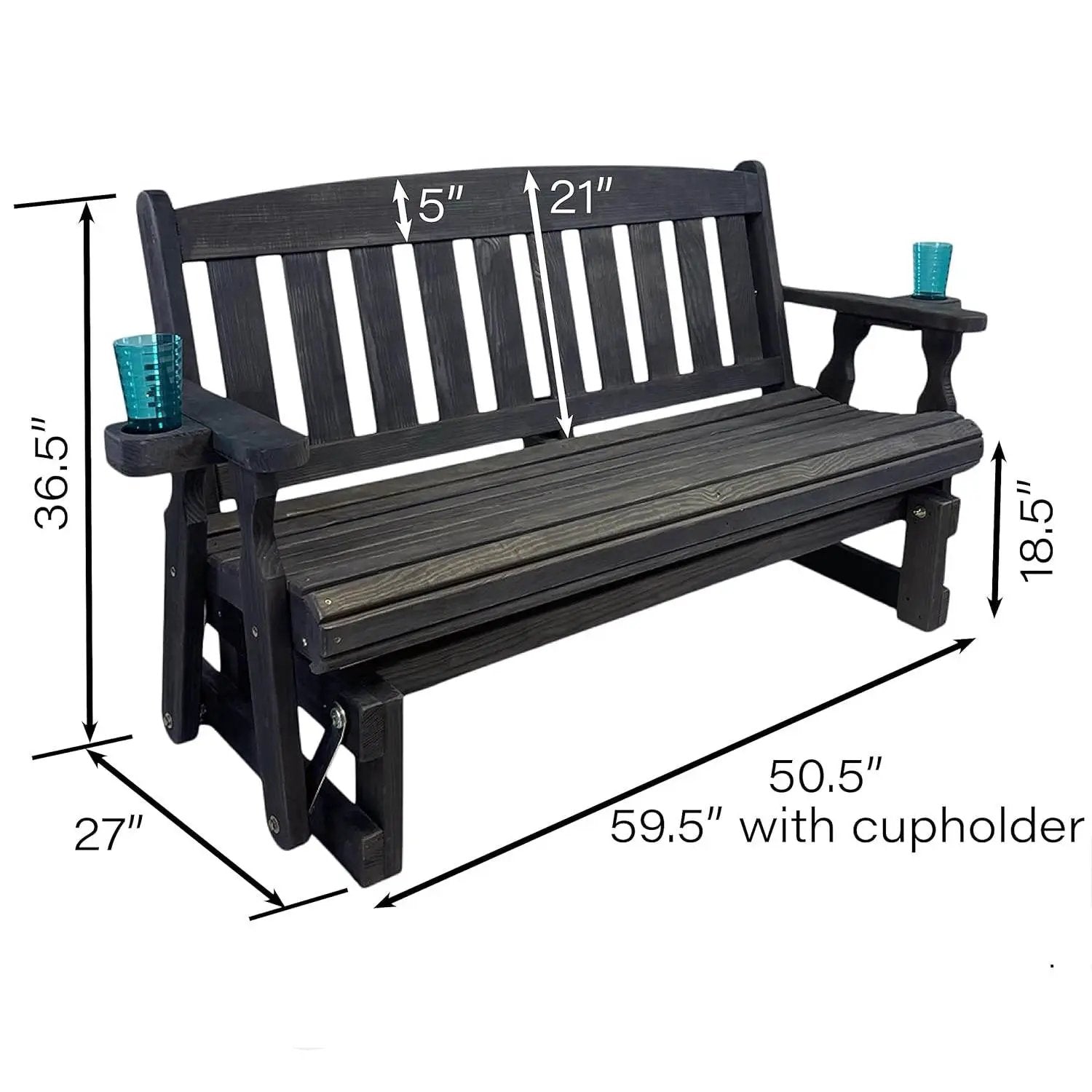 4ft Heavy Duty Black Wooden Porch Glider Bench with Cupholders - Made in USA by HomePacific