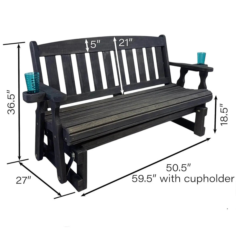 4ft Heavy Duty Black Wooden Porch Glider Bench with Cupholders - Made in USA by HomePacific