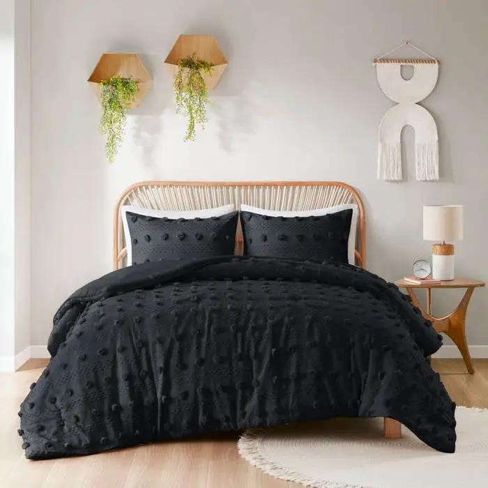 Full/Queen 3 Piece Pompom Microfiber Hypoallergenic Comforter Set in Black by HomePacific