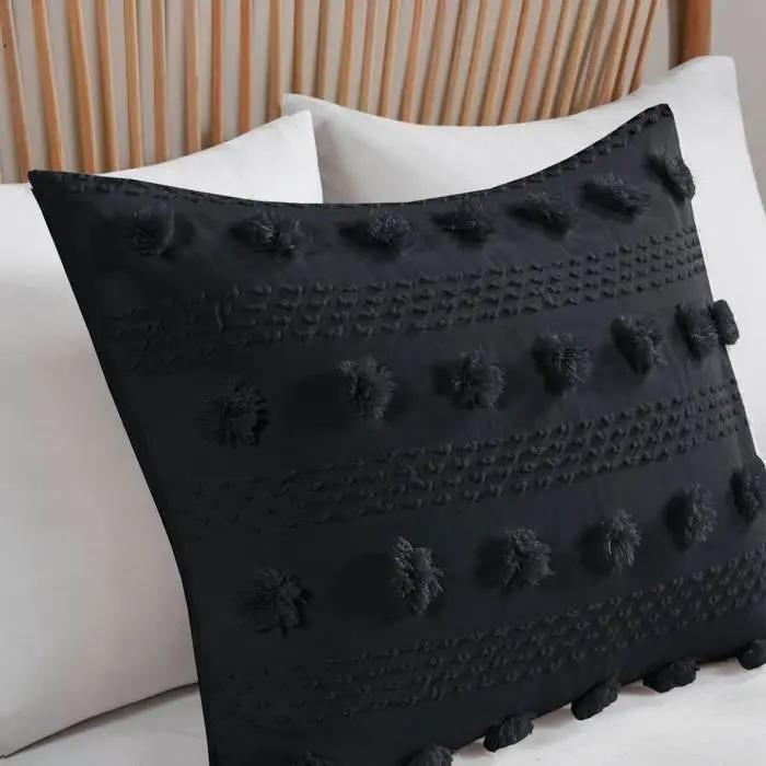 Full/Queen 3 Piece Pompom Microfiber Hypoallergenic Comforter Set in Black by HomePacific