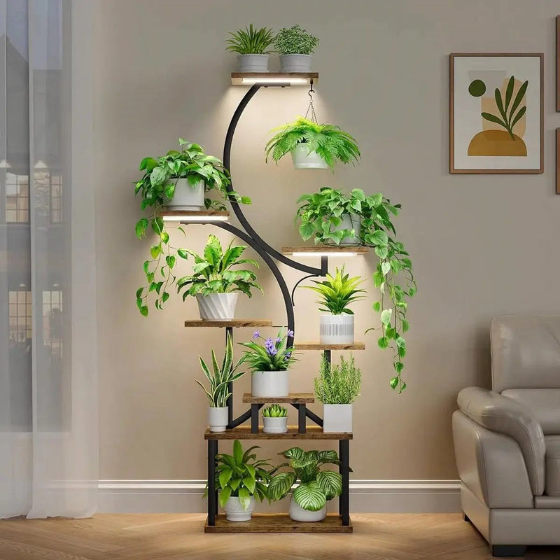 Indoor Plant Stand with Black Metal Frame and Wood Finish Shelves by HomePacific