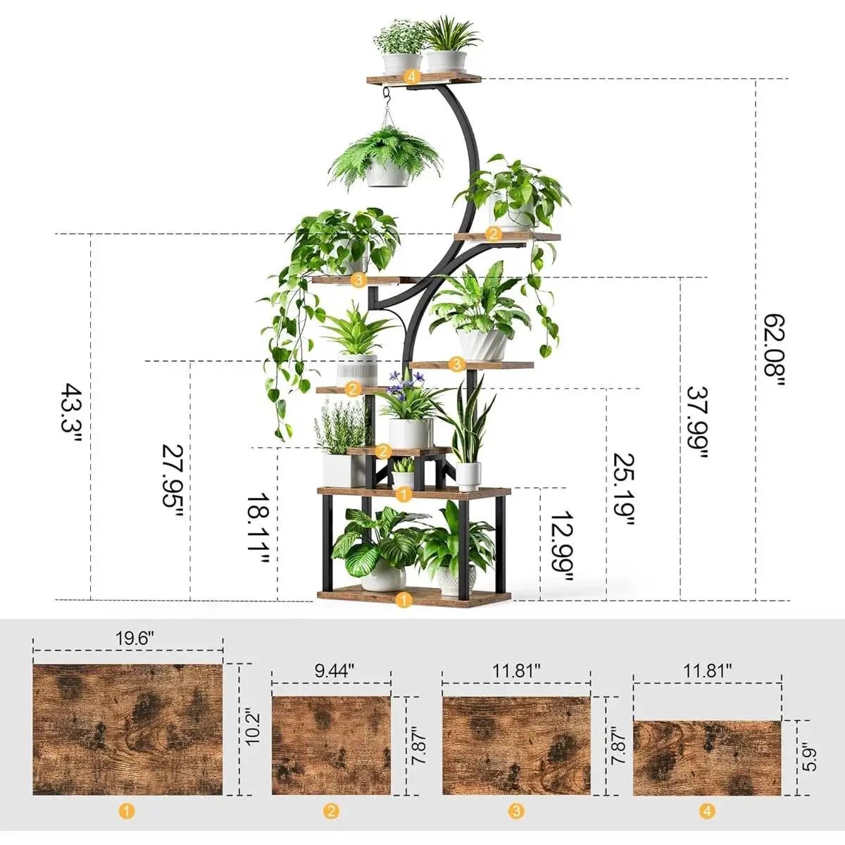 Indoor Plant Stand with Black Metal Frame and Wood Finish Shelves by HomePacific