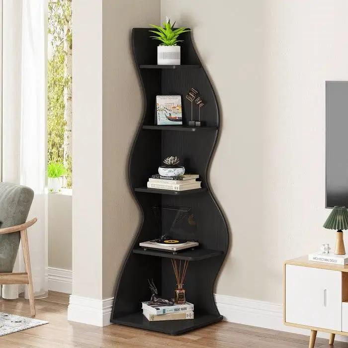 Modern 5 Shelf Corner Bookcase in Black Wood Finish by HomePacific