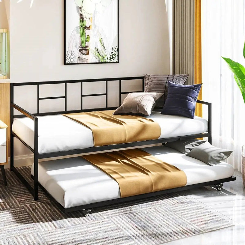 Twin size Black Metal Daybed Frame with Roll Out Trundle Bed Frame by HomePacific