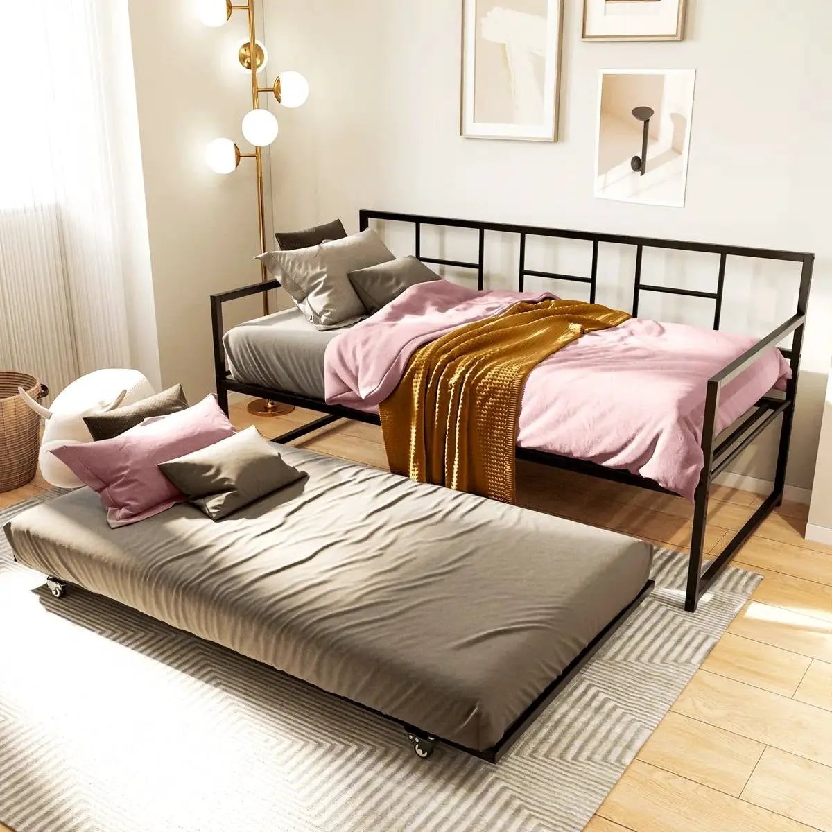 Twin size Black Metal Daybed Frame with Roll Out Trundle Bed Frame by HomePacific