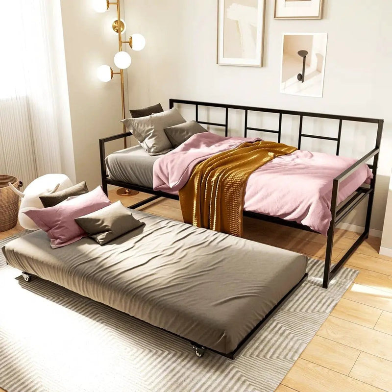 Twin size Black Metal Daybed Frame with Roll Out Trundle Bed Frame by HomePacific