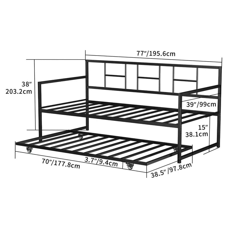 Twin size Black Metal Daybed Frame with Roll Out Trundle Bed Frame by HomePacific