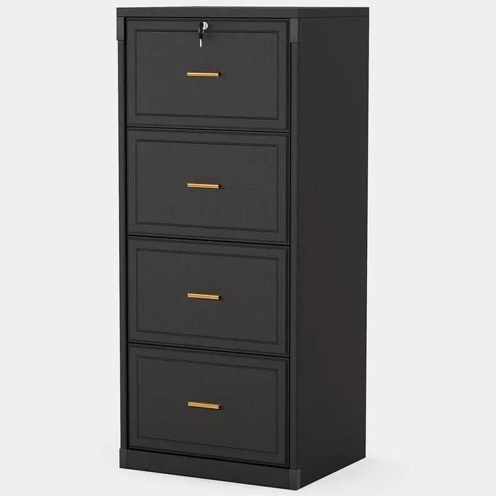 Vertical File Cabinet in Black Wood Finish with 4 Lockable Storage Drawers by HomePacific