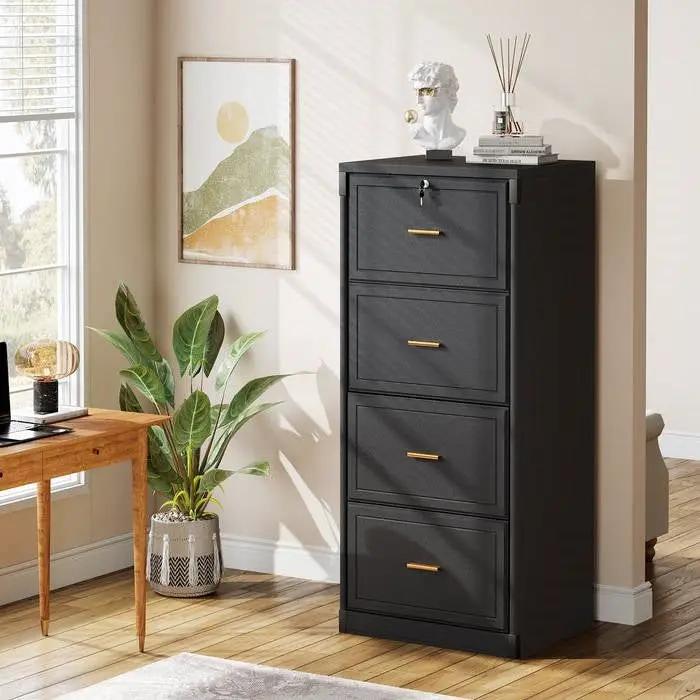 Vertical File Cabinet in Black Wood Finish with 4 Lockable Storage Drawers by HomePacific