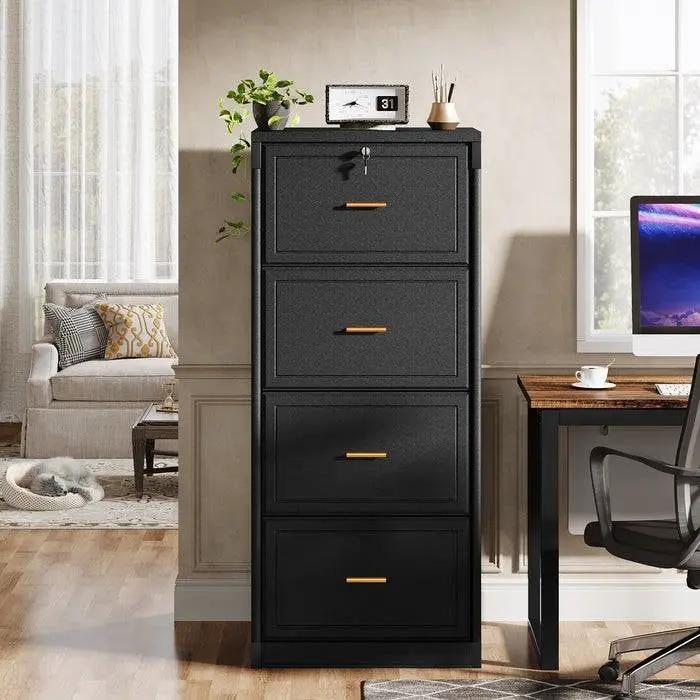 Vertical File Cabinet in Black Wood Finish with 4 Lockable Storage Drawers by HomePacific