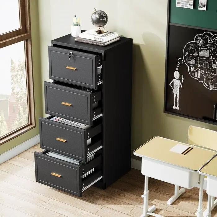 Vertical File Cabinet in Black Wood Finish with 4 Lockable Storage Drawers by HomePacific