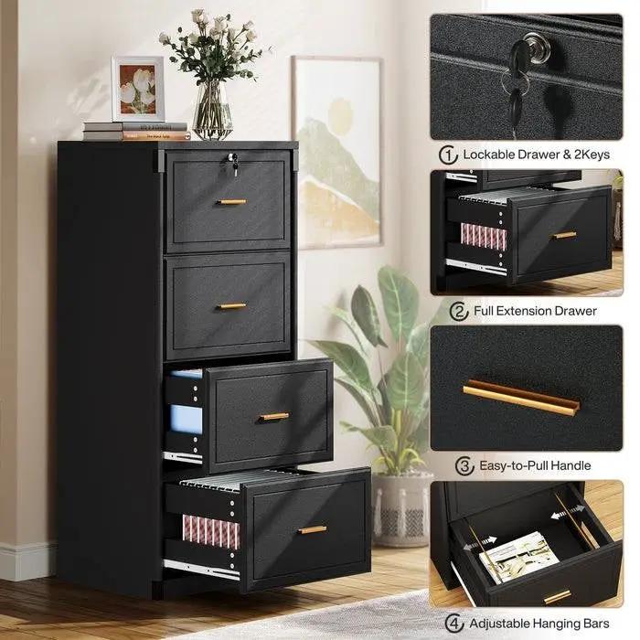 Vertical File Cabinet in Black Wood Finish with 4 Lockable Storage Drawers by HomePacific