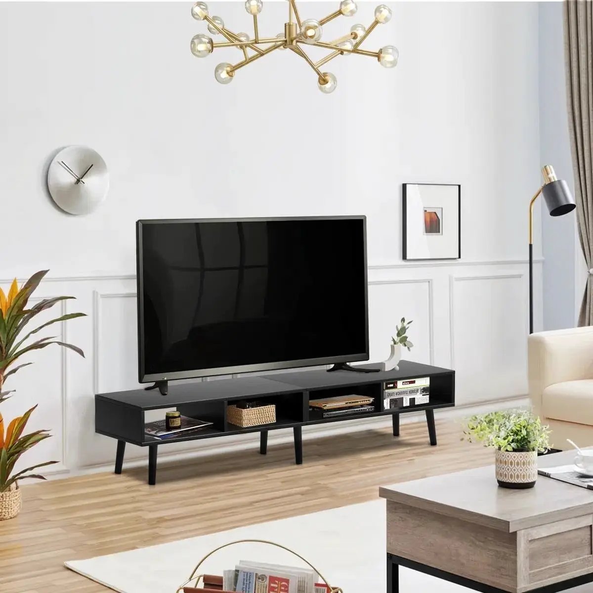 Mid-Century Modern Style TV Stand in Black Wood Finish - for TVs up to 65-inch by HomePacific