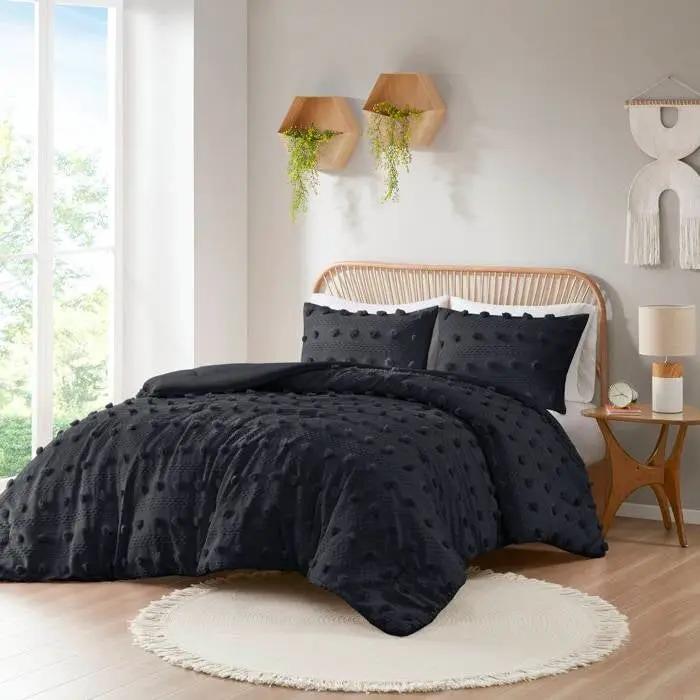 Twin/Twin XL 2 Piece Pompom Microfiber Hypoallergenic Comforter Set in Black by HomePacific