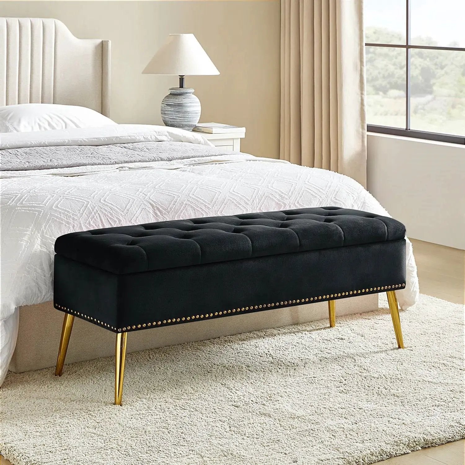 Mid-Century Modern End of Bed Storage Bench with Black Velvet Seat and Gold Legs by HomePacific