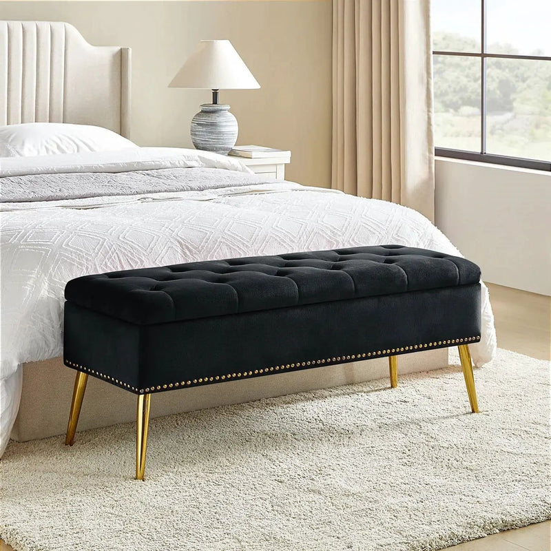 Mid-Century Modern End of Bed Storage Bench with Black Velvet Seat and Gold Legs by HomePacific