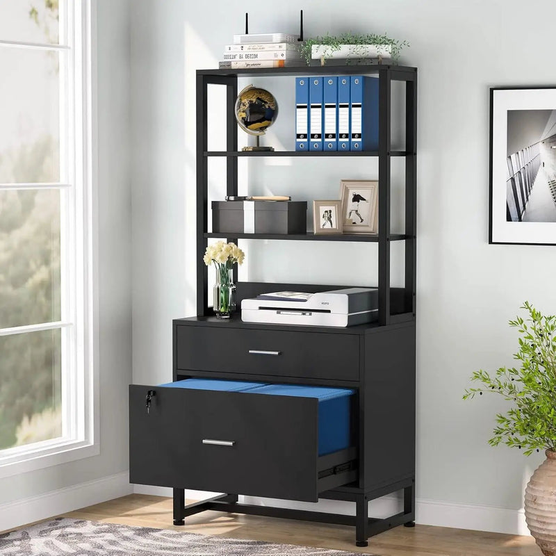 Home Office Lockable 2 Drawer Filing Cabinet Bookshelf in Black Wood Finish by HomePacific