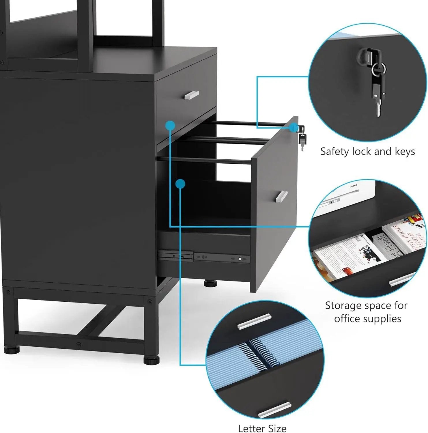 Home Office Lockable 2 Drawer Filing Cabinet Bookshelf in Black Wood Finish by HomePacific