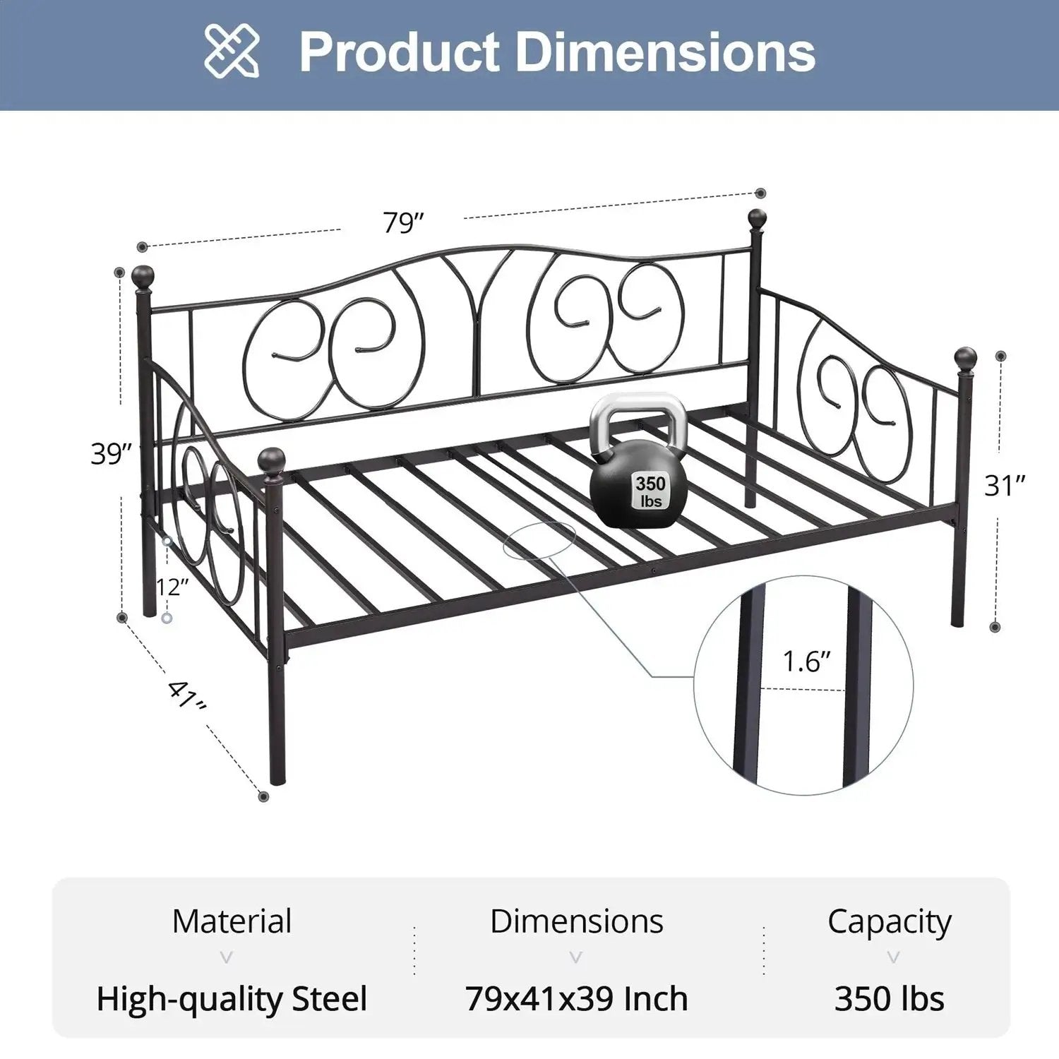 Twin size Victorian Black Metal Daybed Frame - 350 lbs. Weight Capacity by HomePacific