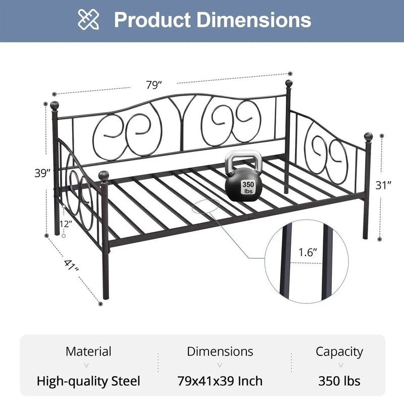 Twin size Victorian Black Metal Daybed Frame - 350 lbs. Weight Capacity by HomePacific