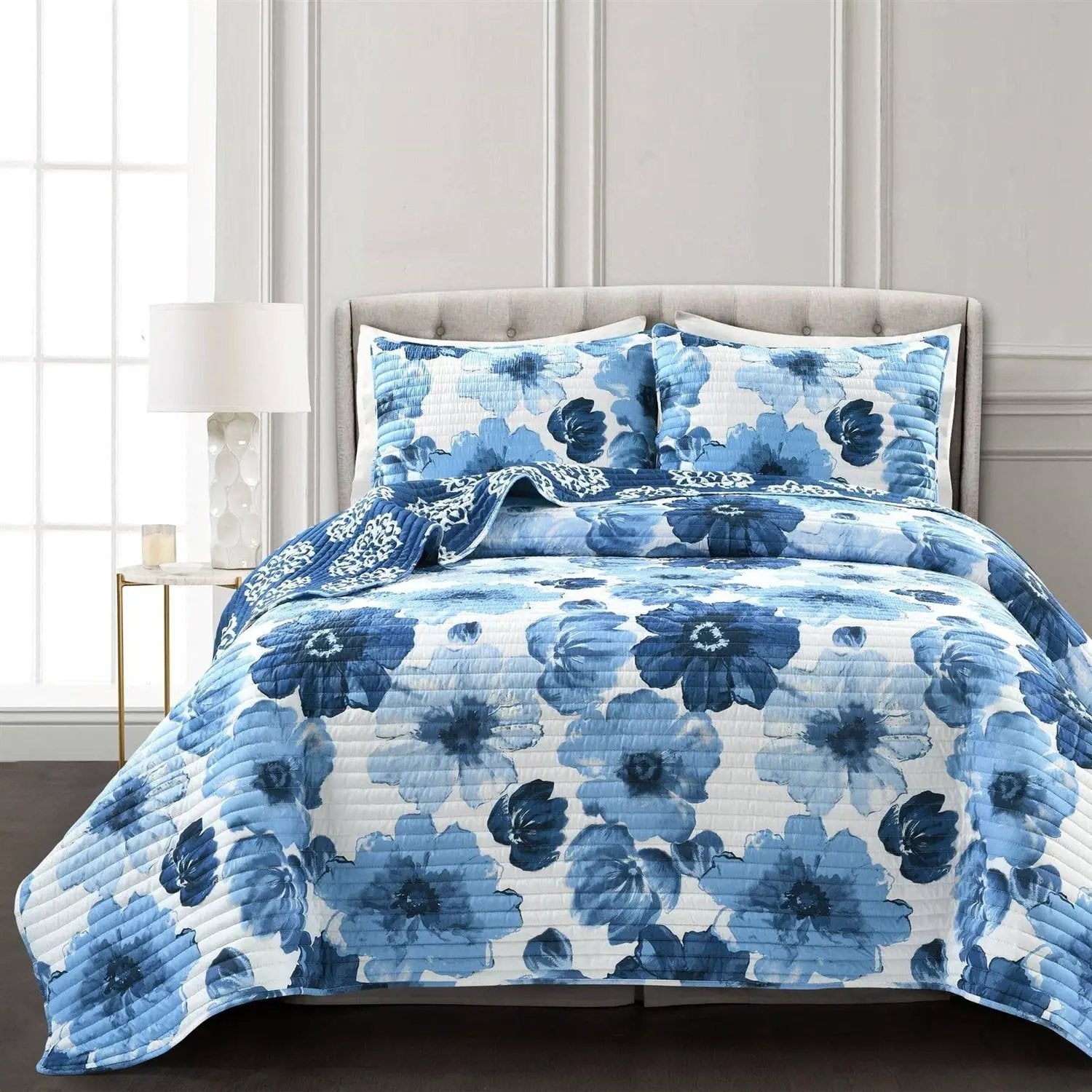 Full/Queen Blue Flowers Lightweight Polyester Microfiber Quilt Set by HomePacific