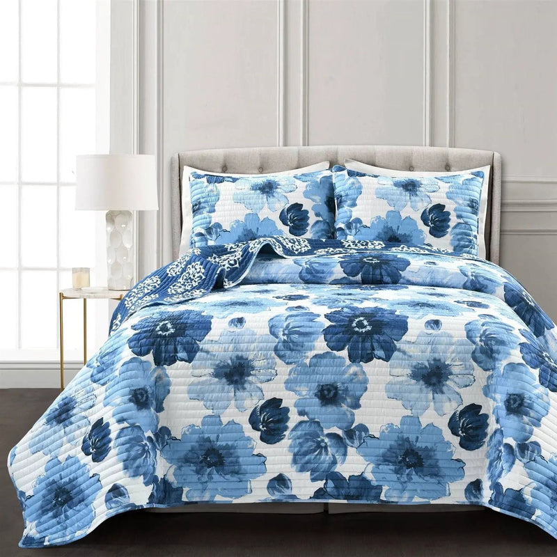 King size Blue Flowers Lightweight Polyester Microfiber Quilt Set by HomePacific