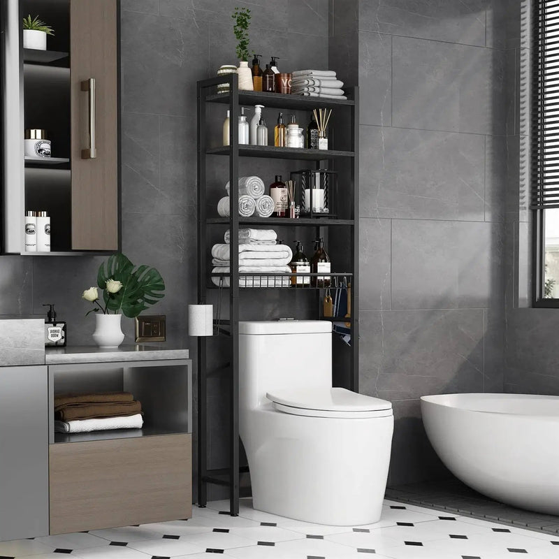 Black Over the Toilet Storage Freestanding Industrial Metal Wood Shelving Unit by HomePacific