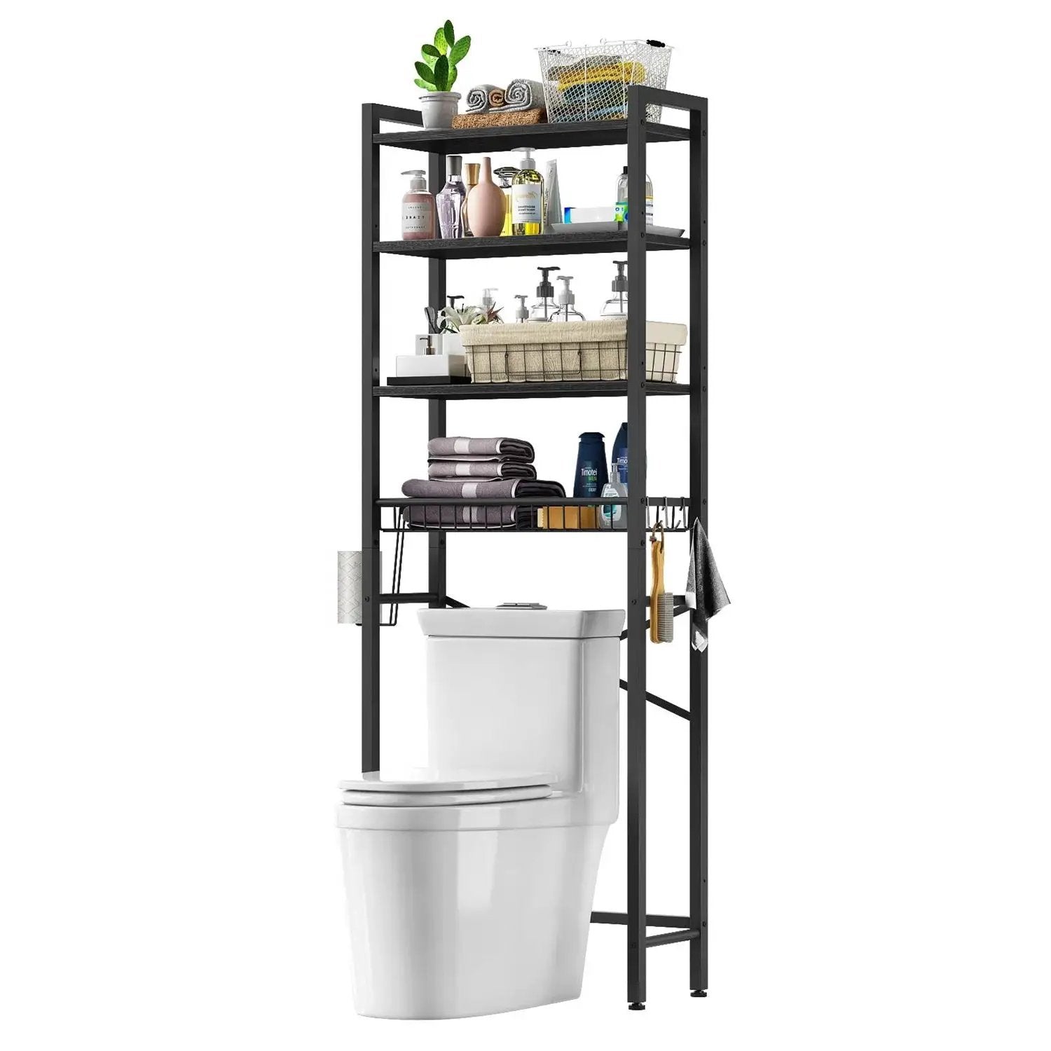 Black Over the Toilet Storage Freestanding Industrial Metal Wood Shelving Unit by HomePacific