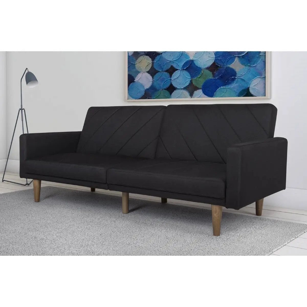 Black Mid-Century Modern Linen Upholstered Sofa Bed with Classic Wood Legs by HomePacific