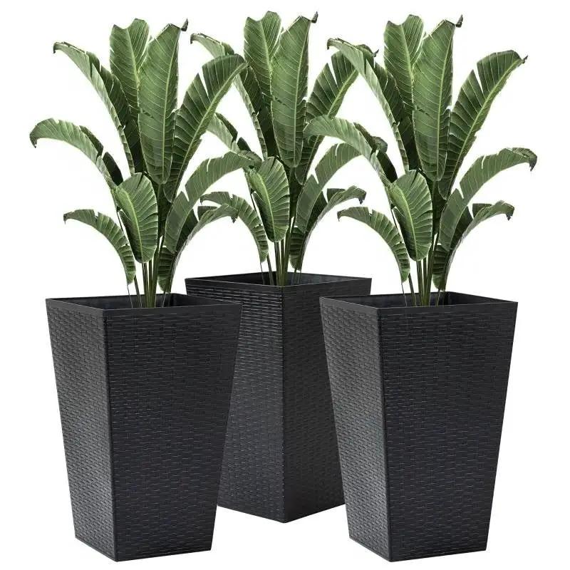 Set of 3 - Black Faux Rattan Plastic Tall Large Flower Pots by HomePacific
