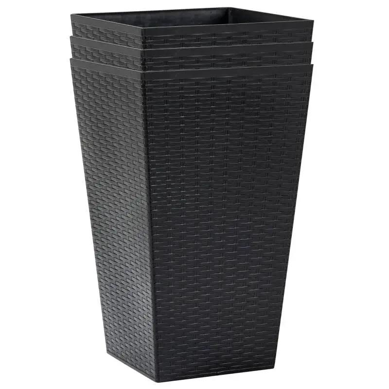 Set of 3 - Black Faux Rattan Plastic Tall Large Flower Pots by HomePacific