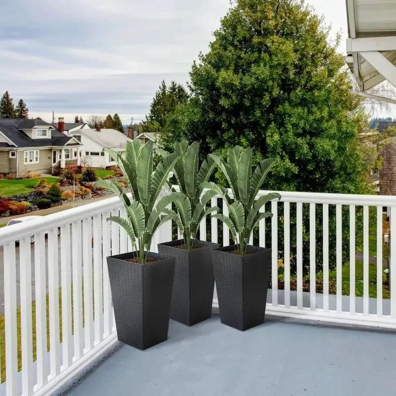 Set of 3 - Black Faux Rattan Plastic Tall Large Flower Pots by HomePacific
