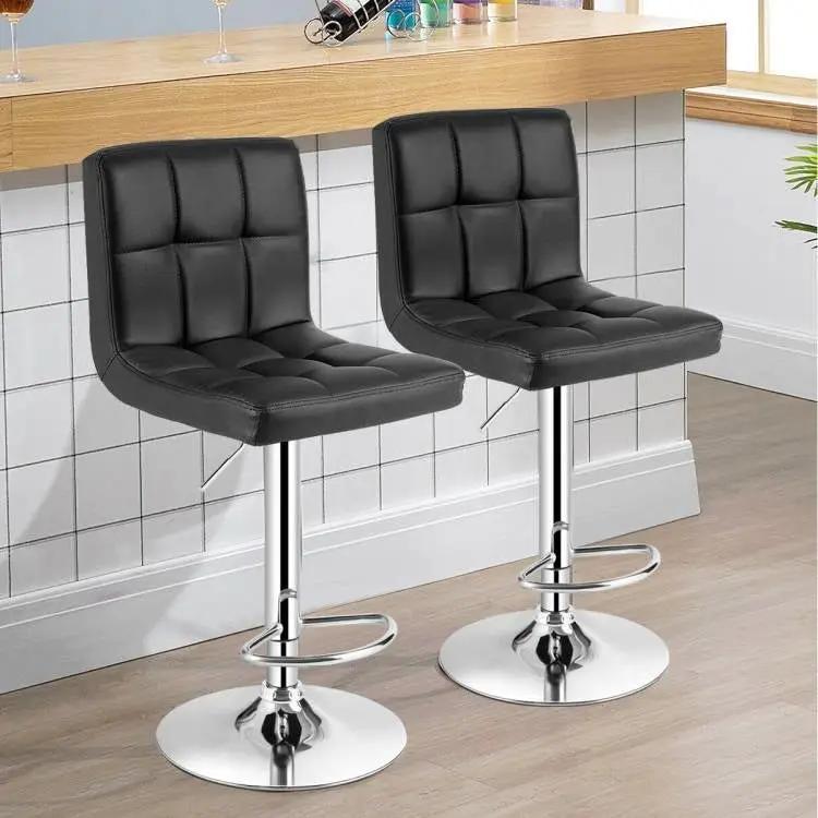 Set of 2 Modern Adjustable Height Bar Stools with Black PU Leather Swivel Seat by HomePacific