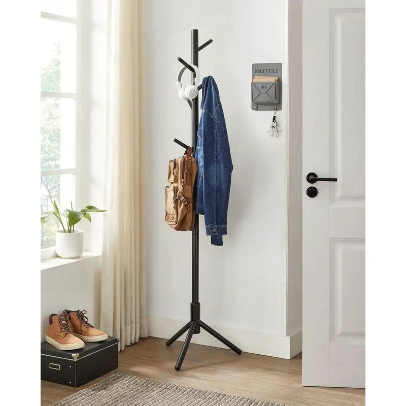Modern Solid Wood Coat Rack in Black Finish with 8 Hanging Hooks by HomePacific